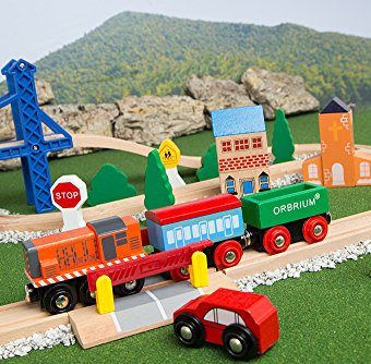 orbrium toys 52 pcs deluxe wooden train set